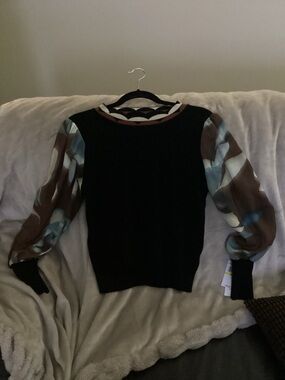 Black Sweater with Brown and Light Blue Puff Sleeves